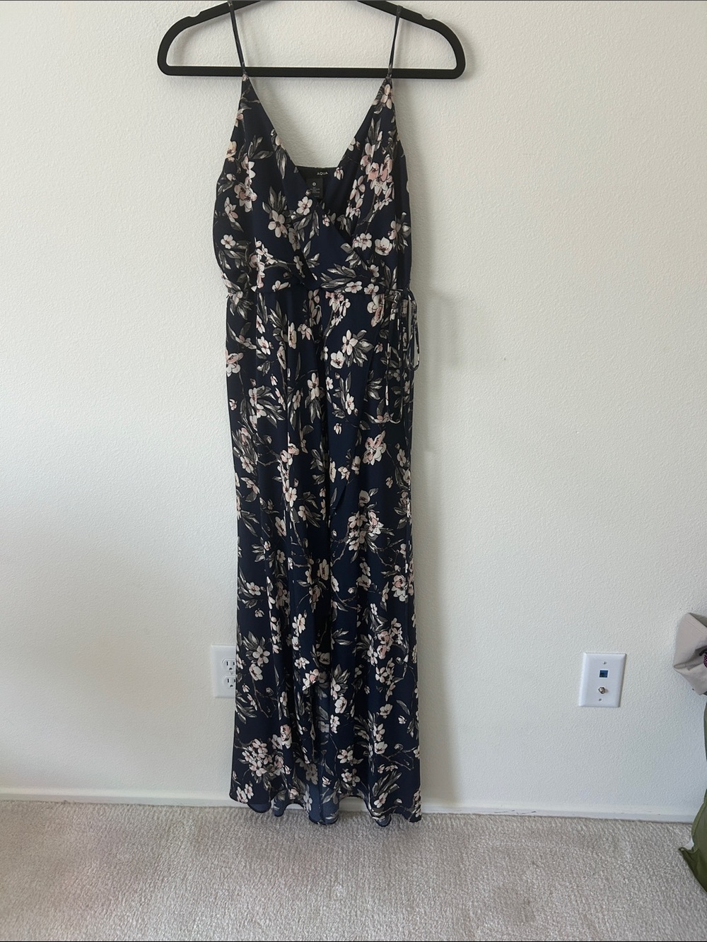 Navy blue Floral Maxi Dress with Blush Accents - Sleeveless hight-low Wrap Style